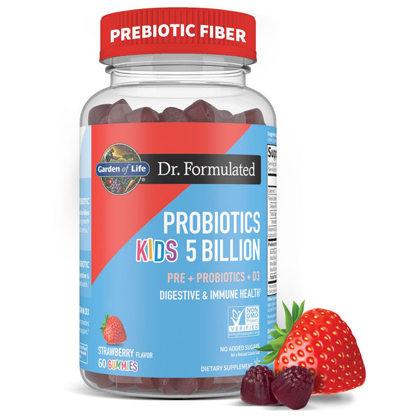 Garden of Life Dr Formulated 5 Billion CFU Prebiotic Fiber, Probiotic and Vitamin D3 Gummies for Kids Digestive & Immune Health – Gluten Free, Non GMO, No Added Sugars, Strawberry Flavor, 60 Gummies