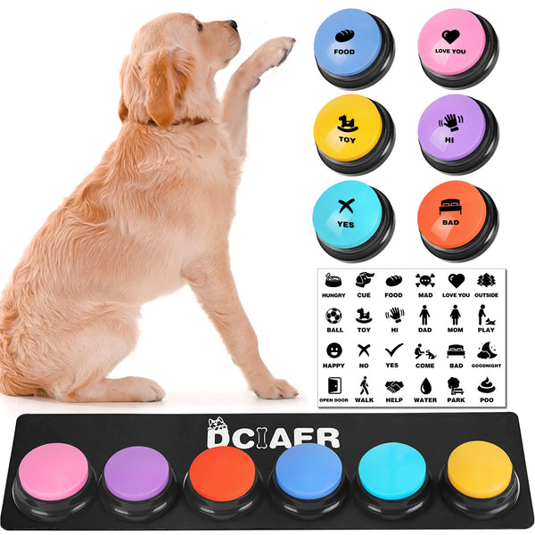 DCIAER Dog Buttons for Communication,Talking Buttons for Dogs,4 Recordable Sound Buttons + 24 Scene Patterns + 1 Dog Button Mat+ 8 AAA Batteries，30 Seconds Dog Buttons for Pet Sound Training Toy