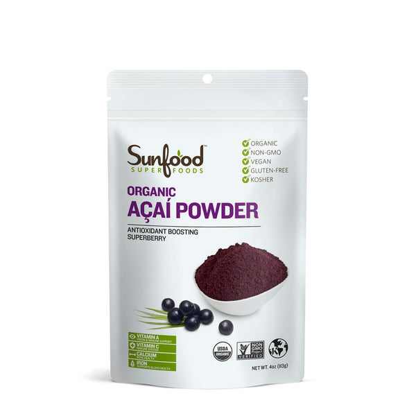 Sunfood Acai Powder | Organic & Unsweetened | 100% Raw Freeze Dried Berries | Natural Antioxidant | Non-GMO, Gluten-Free | Ultra-Clean: No Fillers, Additives, Preservatives | 4 Ounce Bag