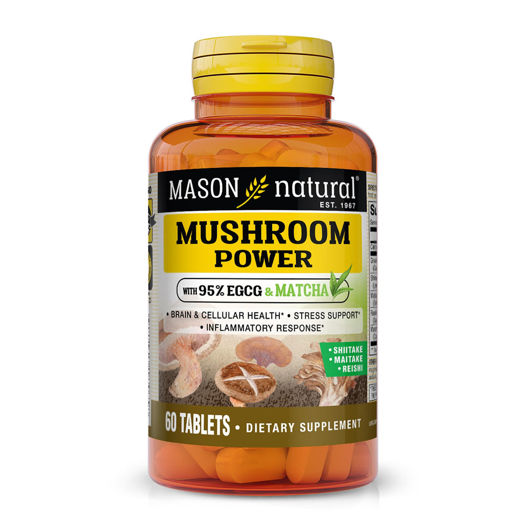 MASON NATURAL Mushroom Power with 95% EGCG & Matcha - for Optimal Wellness, Stress Support and Healthy Inflammatory Response, 60 Plant Based Tablets