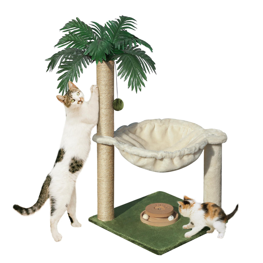 Fantasreen Cat Scratching Post for Indoor Cats - 30 Inches Large Square Scratcher With Hammock, Wooden Interactive Trackball Toy for Kitten and Adult Cats