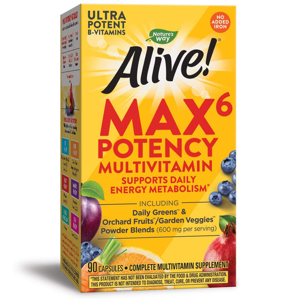 Nature's Way Alive! Max6 Potency Adult Complete Multivitamin, with Vitamins A,C, E & B-Vitamins Including Methyl B12 & Folate, Supports Energy Metabolism*, No Added Iron, 90 Capsules (Packaging May Vary)