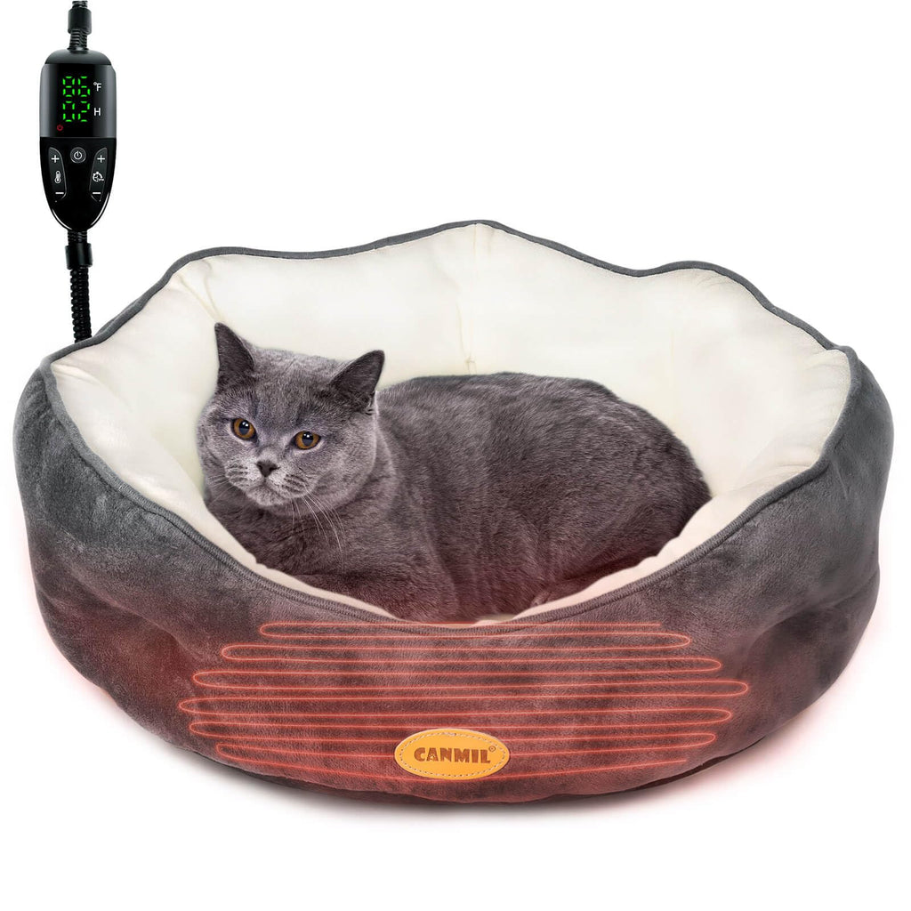 Heated Cat Bed for Indoor Cats and Small Dogs, Electric Round Pet Bed with Adjustable Temperature & Timer, Washable Warming Bed, 20in (Gray)