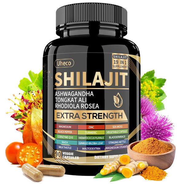 Uheco Shilajit Supplement with Sea Moss, Ashwagandha, Tongkat Ali - Shilajit Pure Himalayan Organic Fulvic Acid Capsules - 90 Count