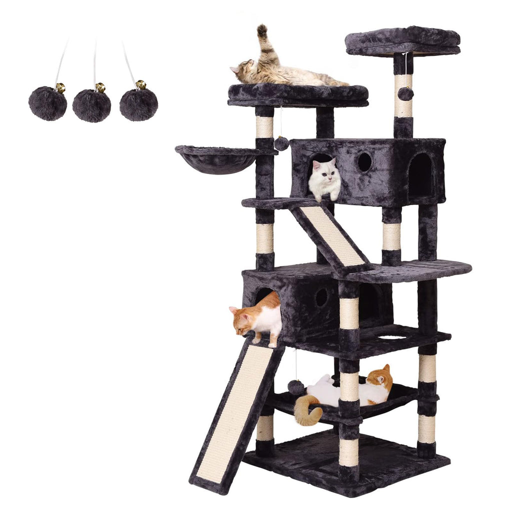 MQ Cat Tree Cat Tower 70.1 in, Multi Level Cat Scratching Post with Condos, Ladders, Basket, Hammock & Plush Perches for Kittens, Large Cats, Smoky Gray