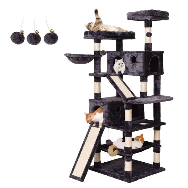MQ Cat Tree Cat Tower 70.1 in, Multi Level Cat Scratching Post with Condos, Ladders, Basket, Hammock & Plush Perches for Kittens, Large Cats, Smoky Gray