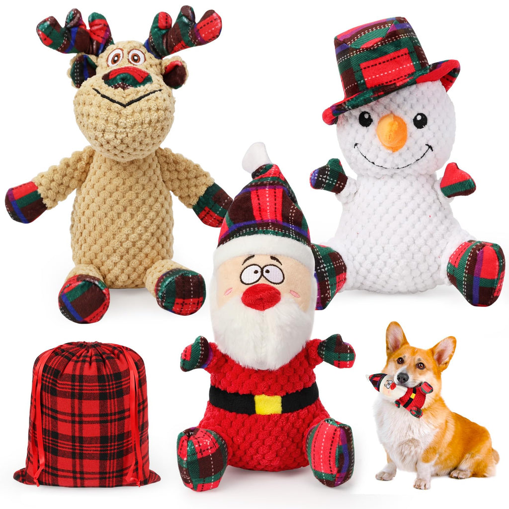 SZEE Christmas Dog Toys, 3 Pack Plush Squeaky Chew Toys for Small & Medium Dogs - Santa, Reindeer, Snowman - Interactive Pet Playthings for Holiday Festivities and Mental Stimulation