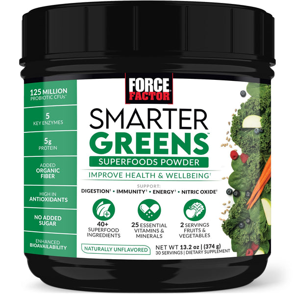 FORCE FACTOR Smarter Greens Superfoods Powder to Support Digestion and Bloating, Immunity, and Energy, Greens Powder with Probiotics, Digestive Enzymes, Antioxidants, and Fiber, 30 Servings