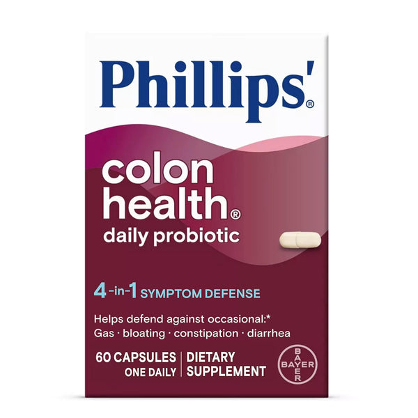 Phillips' Colon Health Daily Probiotic Capsules, 4-in-1 Symptom Defense to help defend against Occasional Gas, Bloating, Constipation, and Diarrhea, Daily Supplement, 60 Count