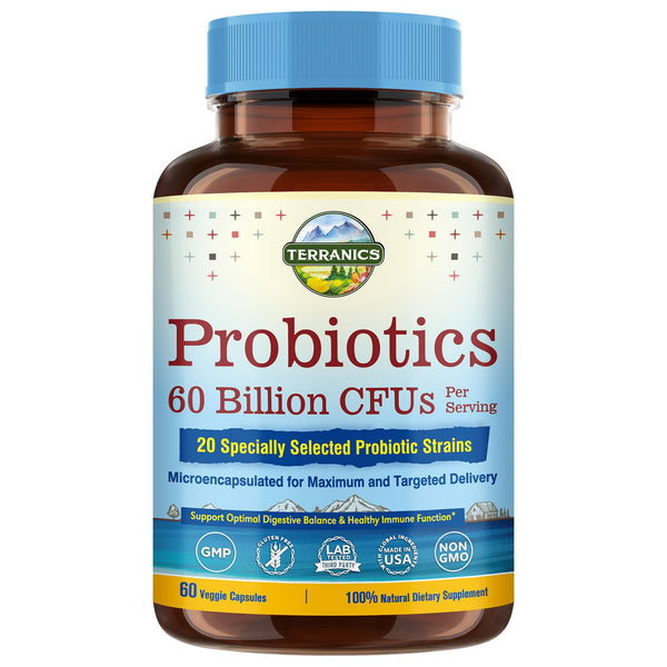 Terranics Probiotics 60 Billion CFU, 20 Strains, 60 Veg Capsules, Prebiotics & Probiotics, Shelf Stable Probiotic Supplement for Men & Women, Digestive & Immune Health, Non-GMO, NO Soy, Dairy & Gluten