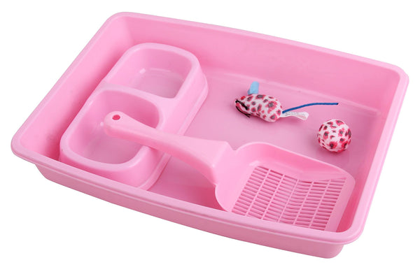 PAWISE Cat Starter Kit Includes 4PCS Kitty Suppies, Low Entry Kitten Litter Pan,Cat Litter Scooper, Cat Bowls, Cat Mouse Toy, Pink