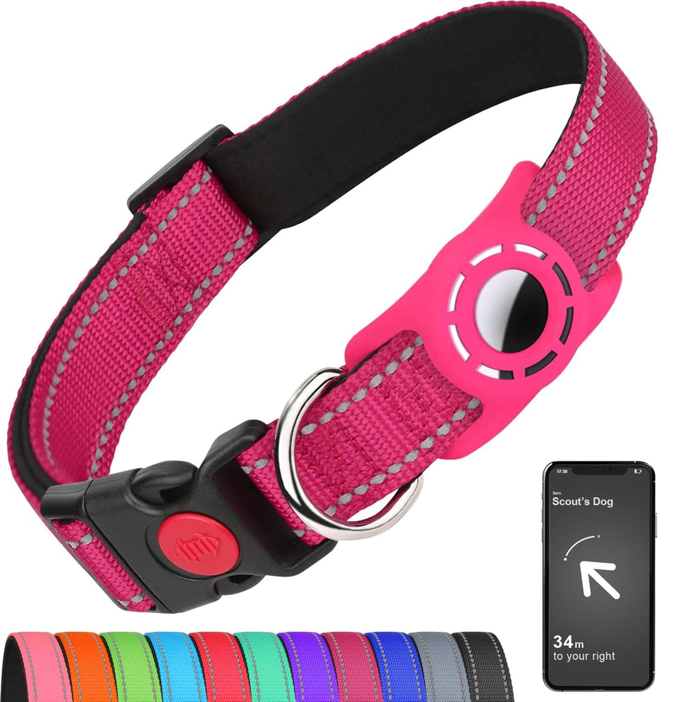 Erbine Airtag Dog Collar with AirTag Holder for Small Dogs, Reflective, Soft Padded & Safety Locking Buckle, Nylon Pet Collars Adjustable for All Breeds, Hotpink,S