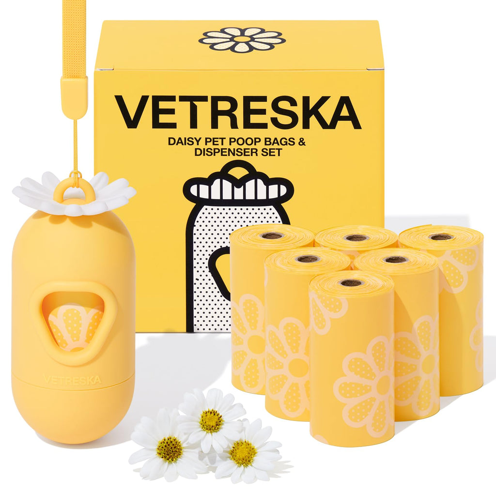 VETRESKA Dog Poop Bag Holder with Daisy Scented Bags Pet Waste Bag Dispenser for Leash Leak-proof Poop Bags for Dog Walking 1 Holder and 105 Bags (7 Refill Rolls)