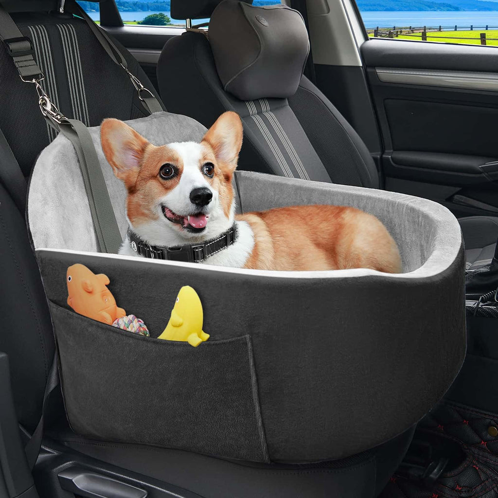 ONE PIX Dog Car Seat for Small Dogs, Memory Foam Dog Booster Car Seats with Storage Pockets and Safety Belt, Portable Puppy Carriers, Pet Travel Bed Under 30lbs, Grey