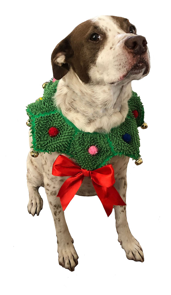 ComfyCamper Christmas Wreath Neck Scrunchie Dog Costume - Xmas Ugly Sweater Large Medium Small French Lab Cosplay, Large, Green