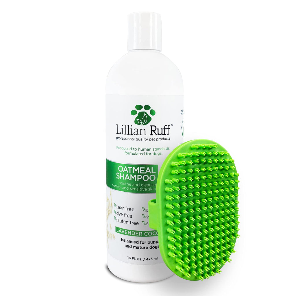 Lillian Ruff Calming Oatmeal Pet Shampoo for Dry Skin & Itch Relief with Aloe & Hydrating Essential Oils - Replenish Moisture & Deodorize - Gentle Dog Shampoo for Normal/Sensitive Skin (16oz & Brush)