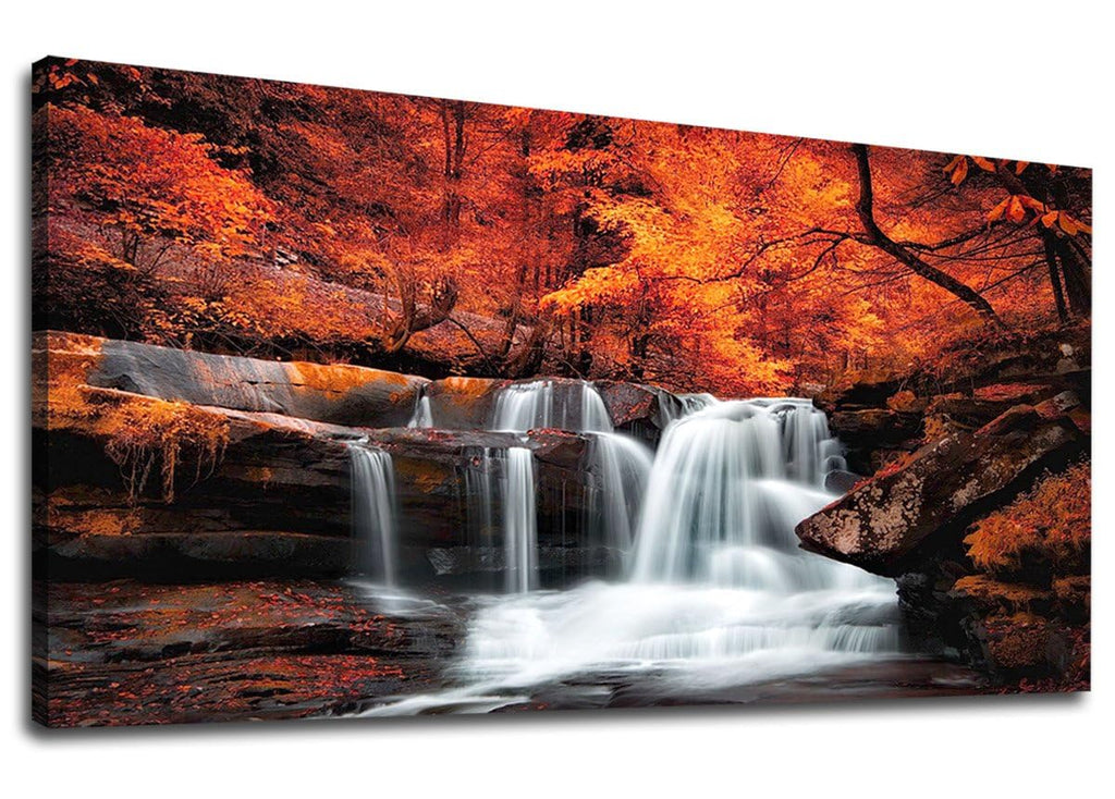 yearainn Autumn Forest Canvas Wall Art Waterfall Picture Stream River Landscape Red Tree Modern Canvas Artwork Contemporary Nature Picture Living Room Bedroom Home Office Wall Decor 29" x 58"