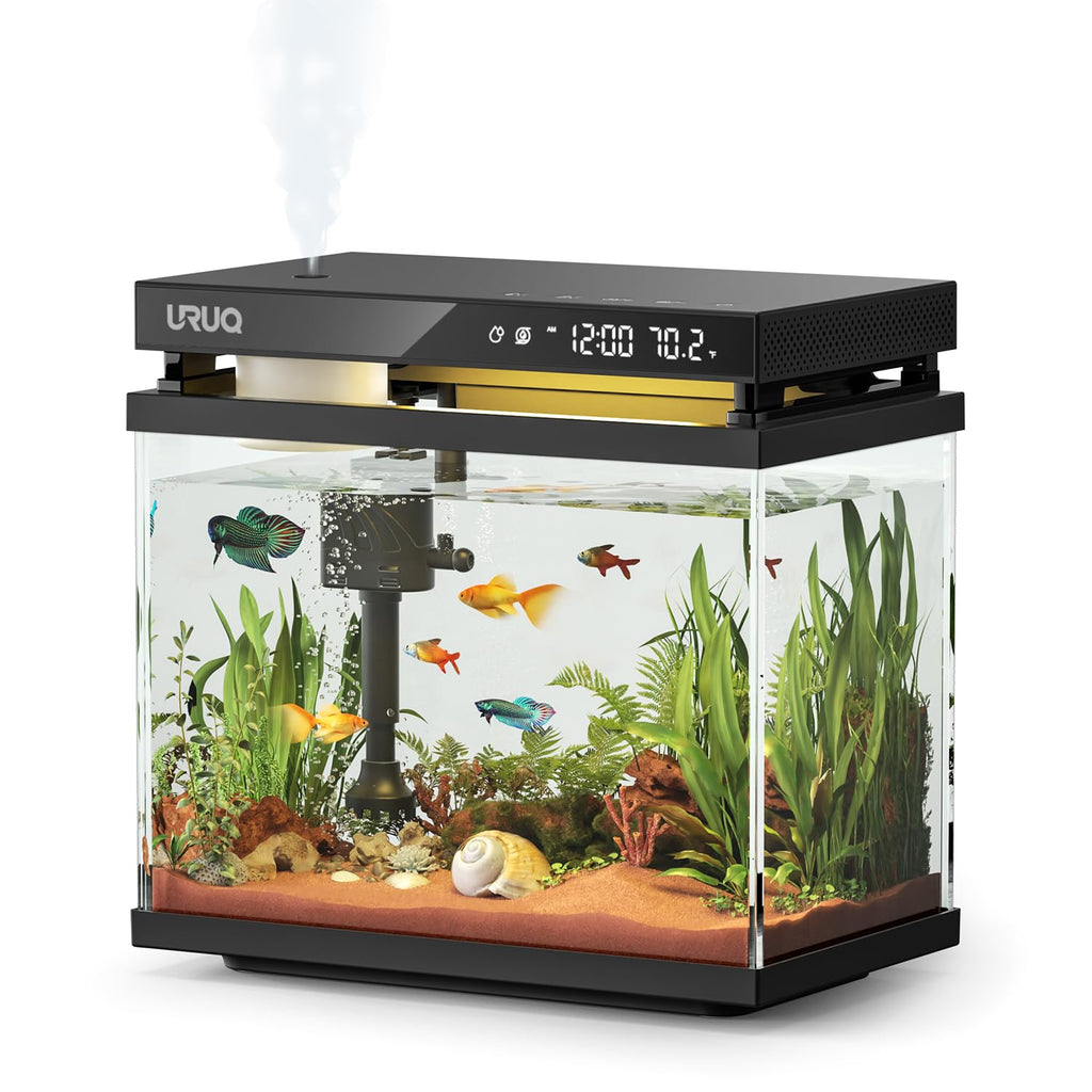 Fish Tank Smart Aquarium Kit: 2 Gal UHD Glass Silent Water Pump Self Cleaning System Temperature Monitoring Essential Oil Diffuser with Humidifier 7 Color Lights Multi-Layer Filtration System Black