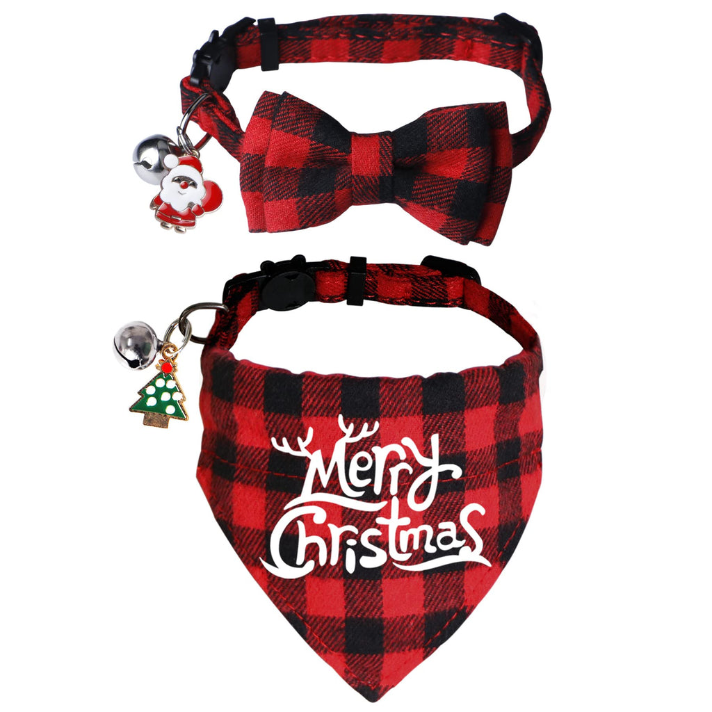 STMK 2 Pack Christmas Cat Bandana Collar with Bell, Breakaway Holiday Cat Kitten Bandana Collar with Bell Santa Christmas Tree for Cats Kittens Costume Decorations