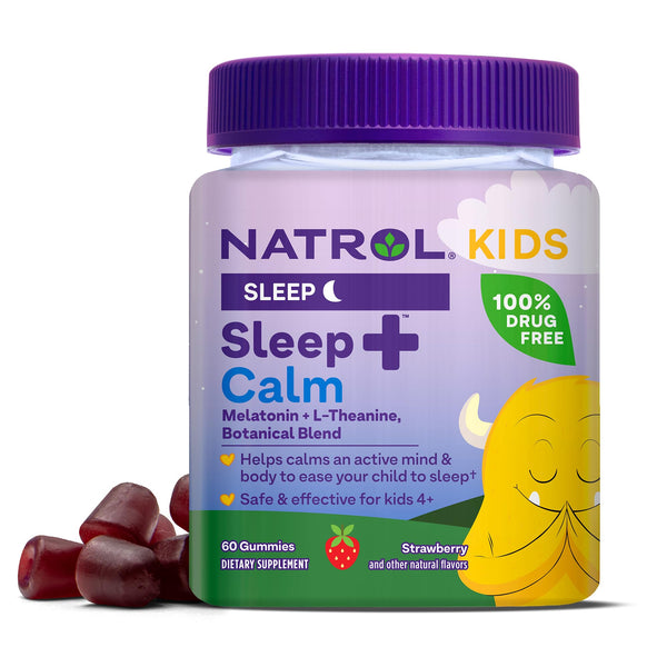 Natrol Kids Sleep+ Calm, Melatonin and L-Theanine, Supplement for Restful Sleep and Calming, Sleep Gummies for Kids, 60 Strawberry-Flavored Melatonin Gummies, 60 Day Supply