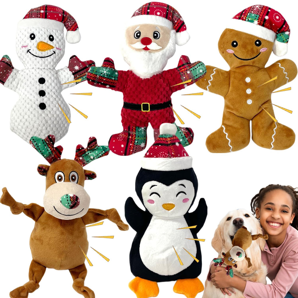 CIIVURR 5 Pieces Christmas Squeaky Interactive Dog Toys with Crinkle, Plush Dog Toys to Keep Them Busy for Boredom, Dog Toys for Small Medium Large Dogs - Santa/Penguin/Snowman/Gingerbread Man/Deer