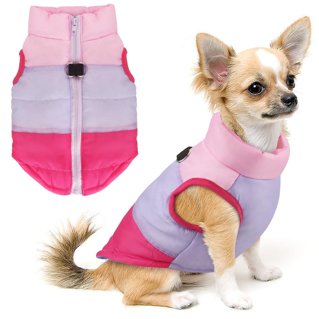 Idepet Pet Dog Cat Coat with Leash Anchor Color Patchwork Padded Puppy Vest Jacket Teddy Chihuahua Costumes Pug Cloth XS S M L (Small, Rose Red)