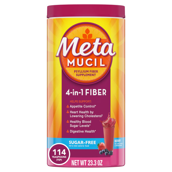 Metamucil Fiber, 4-in-1 Psyllium Fiber Supplement, Sugar-Free Powder, Berry Flavored Drink, 114 Servings (Packaging May Vary)