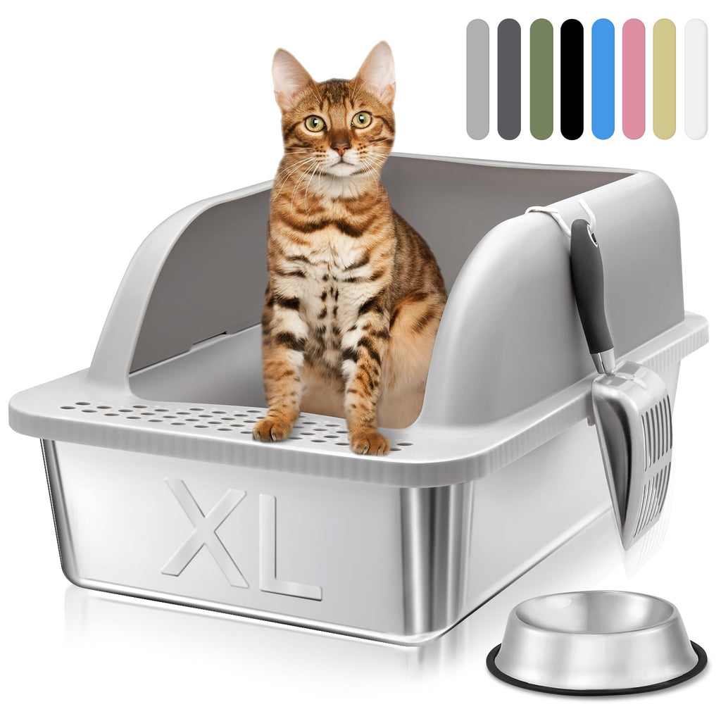 KareCute Stainless Steel Litter Box with Lid, 24'' x 16'' x 12'' Metal Cat Litter Box High Sides, Extra Large Odor Control Easy Clean(Gray)