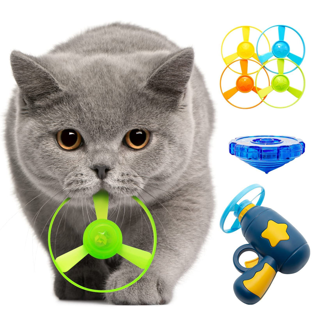 Jumbostone Cat Fetch Toy - Interactive Flying Disc with Light Up Spinning Tops, LED Propellers and 4 Flying Propellers - Cat Track Toy for Hunting, Chasing (Dark Blue)