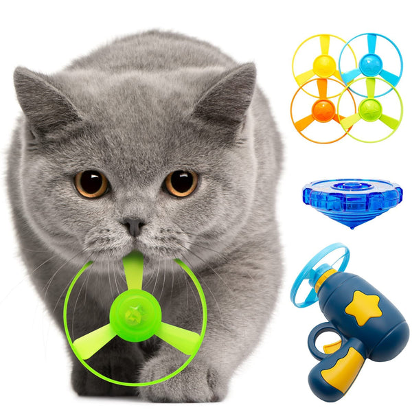 Jumbostone Cat Fetch Toy - Interactive Flying Disc with Light Up Spinning Tops, LED Propellers and 4 Flying Propellers - Cat Track Toy for Hunting, Chasing (Dark Blue)
