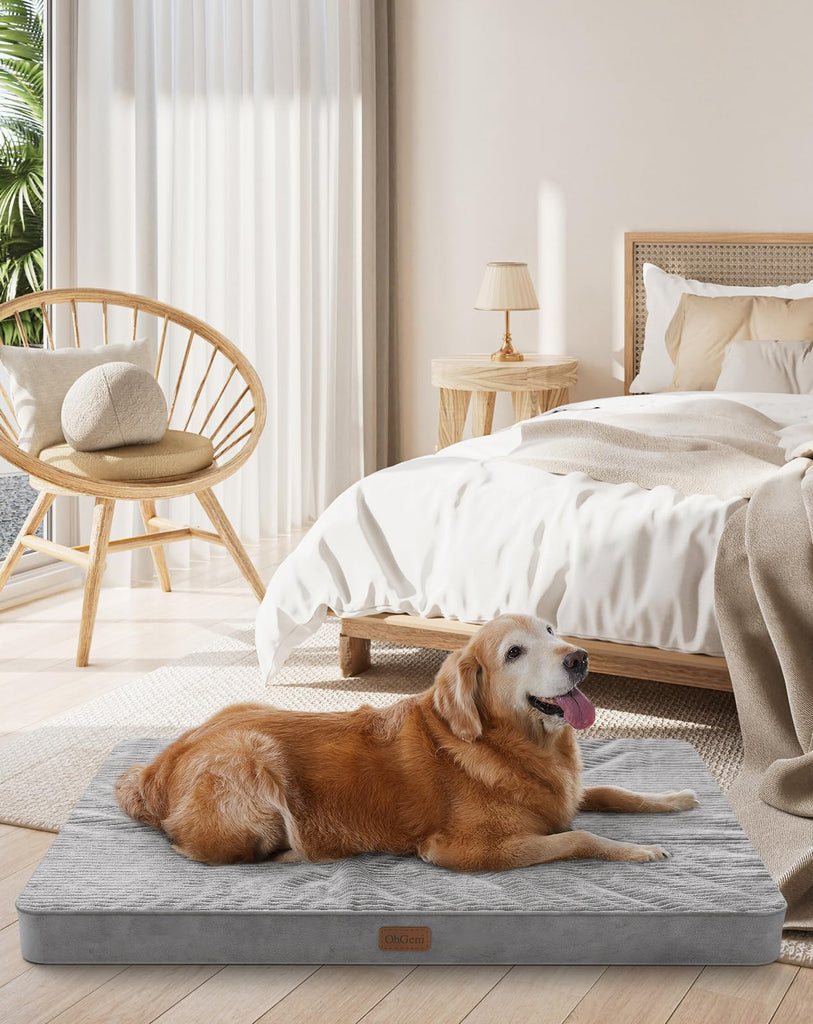 OhGeni 35 Inch Orthopedic Waterproof & Machine Washable Dog Bed for Medium Large Pets, 20D Egg Crate Foam Stable Support, Non-Slip Bottom and Removable Cover, Tear-Resistant Invisible Zipper(Gray)