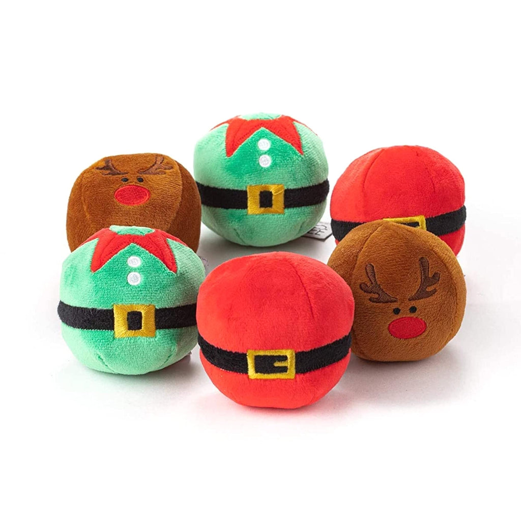 Midlee Christmas Plush Dog Balls- Pack of 6 Reindeer, Santa, Elf- Squeaky Stuffed Pet Toys