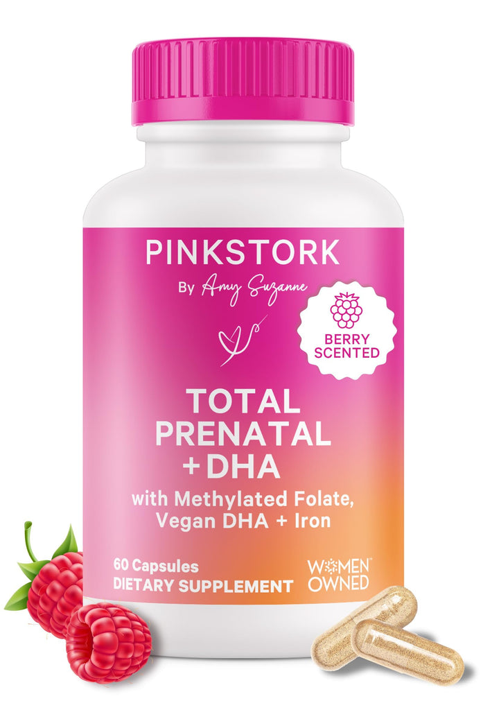 Pink Stork Total Prenatal Vitamins with DHA, Folate, Iron, Choline, and Vitamin B12 - Prenatals for Women to Support Fetal Development, Pregnancy Must Haves - 60 Capsules, 1 Month Supply