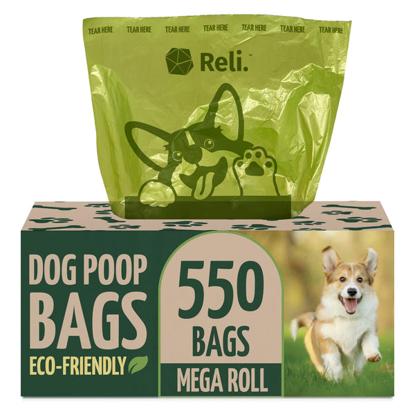 Reli. Biodegradable Dog Poop Bags (550 Count, Bulk) (Large Single Roll - Dispenser Box) | 9x13" Large Dog Bags for Poop | Green, Eco-Friendly | Oxobiodegradable Pet Waste Disposal | Unscented