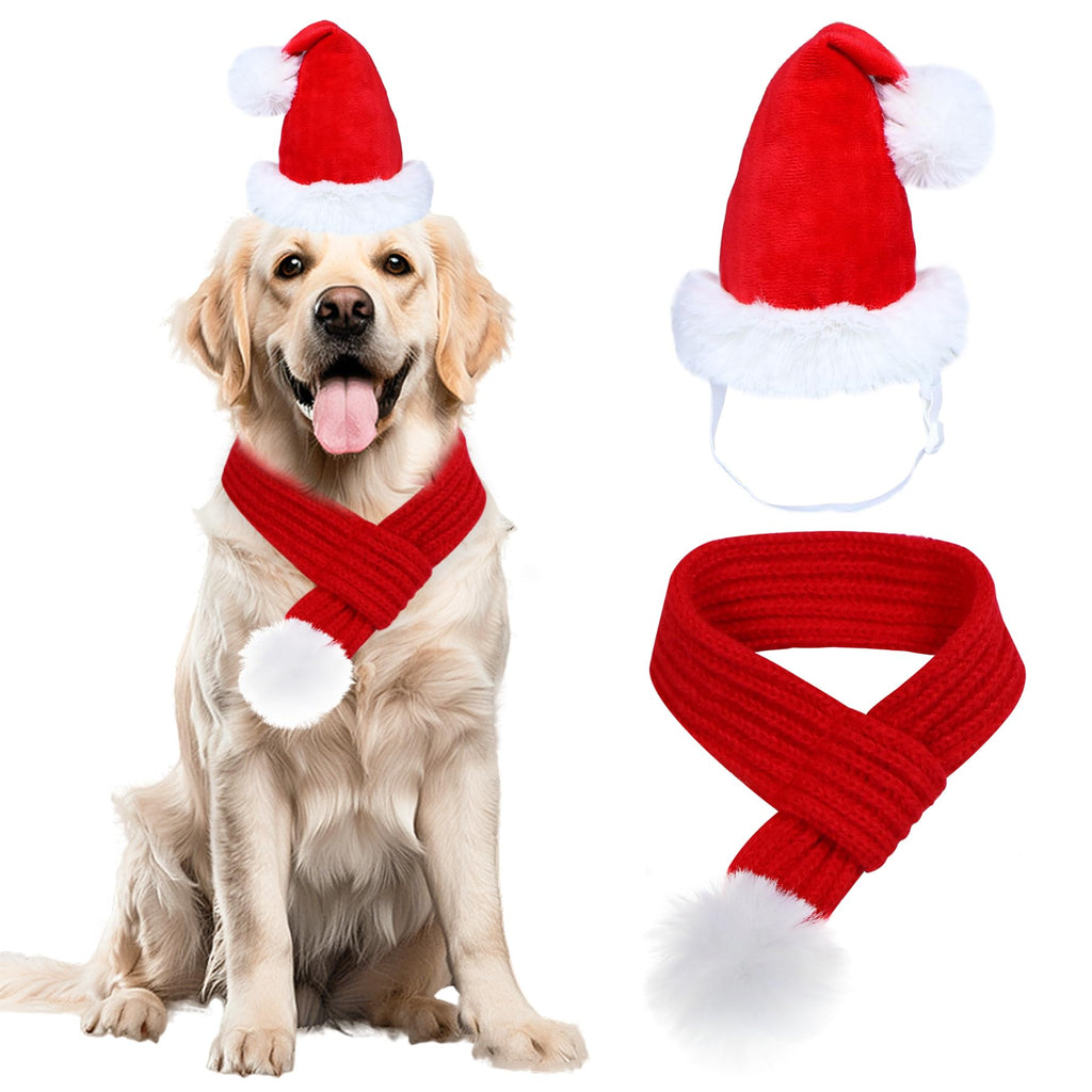GOYOSWA Dog Christmas Santa Hat and Scarf, Dog Christmas Outfit Adjustable Knitted Scarf with Pompom Ball for Small Medium Large XL Dogs Pets (Large)