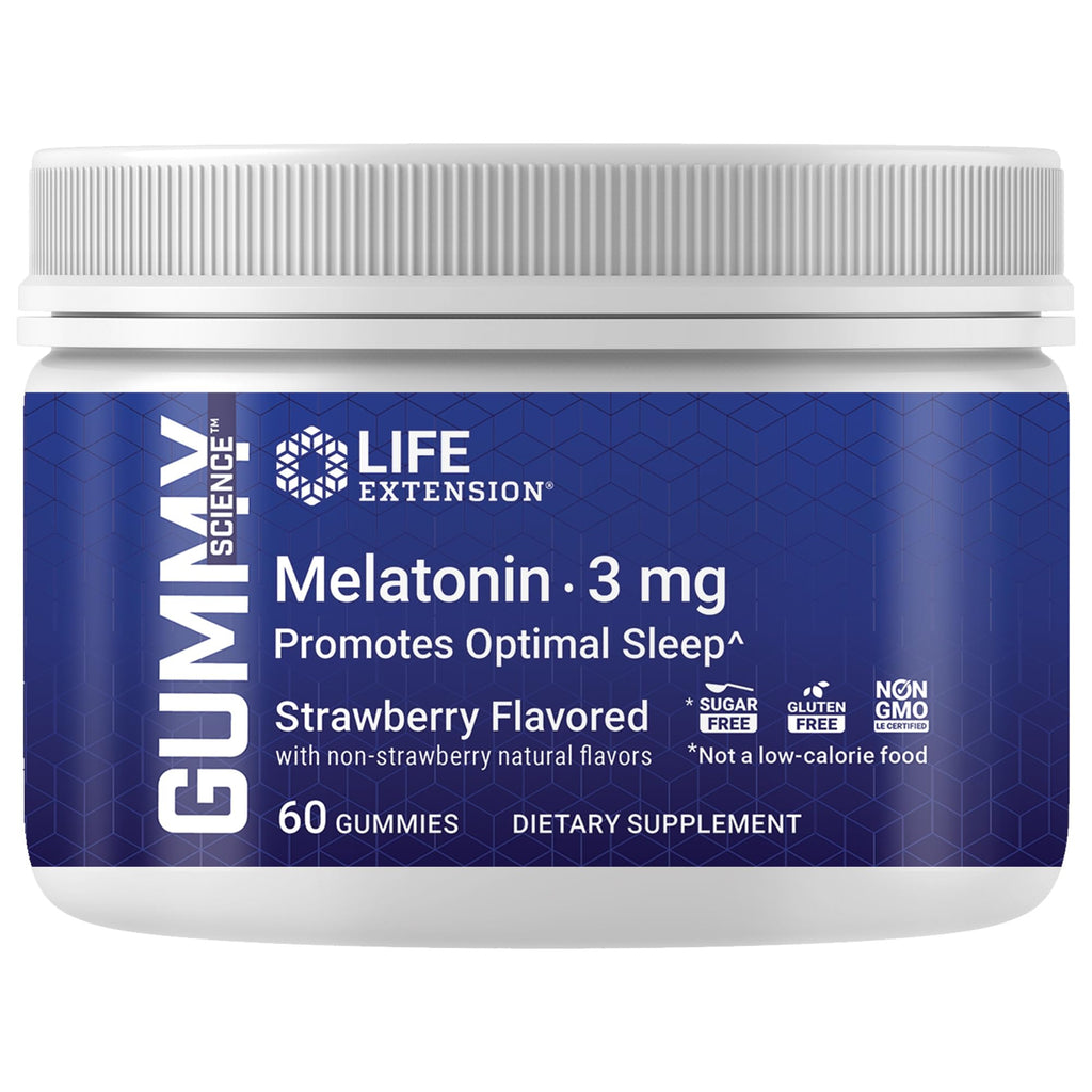 Life Extension Gummy Science™ Melatonin (Strawberry), 3 mg, Optimal Sleep Support, Healthy circadian Rhythm, Cellular Defense, Gluten-Free, Non-GMO, Vegetarian, 60 Gummies