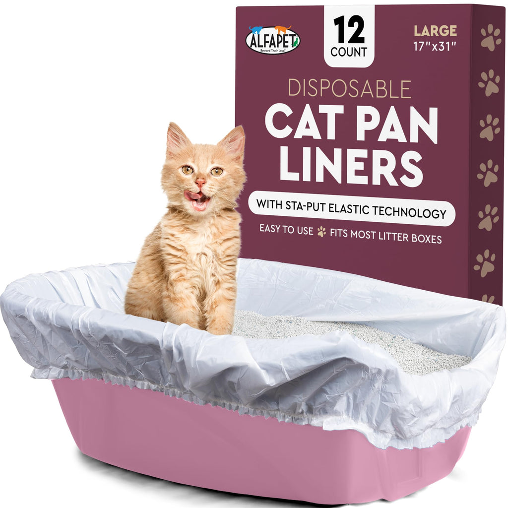 Alfapet Elastic Cat Litter Box Liners - Large 12 Count - Tear-Resistant Cat Litter Bags - Waterproof Kitty Litter Liners - Fits Litterbox Pan Sizes Medium and Large, 31" x 17", 20 lb Capacity