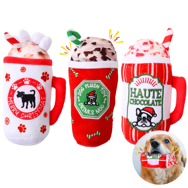 Abbylike 3 Pcs Christmas Coffee Dog Toys Plush Squeaky Toys Stuffed Cute Dog Stuff Doggy for Small Medium Large Dog Pet Birthday Holiday