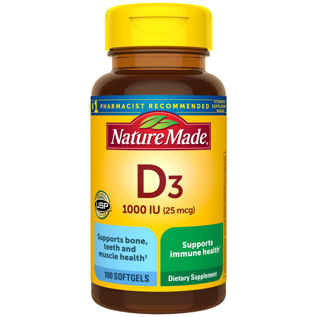 Nature Made Vitamin D3 1000 IU (25 mcg), Vitamin D Supplement for Bone, Teeth, Muscle and Immune Health Support, 100 Softgels, 100 Day Supply