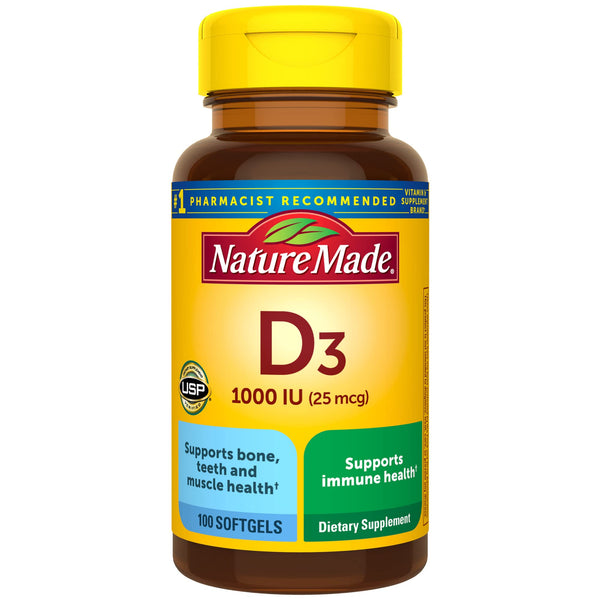 Nature Made Vitamin D3 1000 IU (25 mcg), Vitamin D Supplement for Bone, Teeth, Muscle and Immune Health Support, 100 Softgels, 100 Day Supply