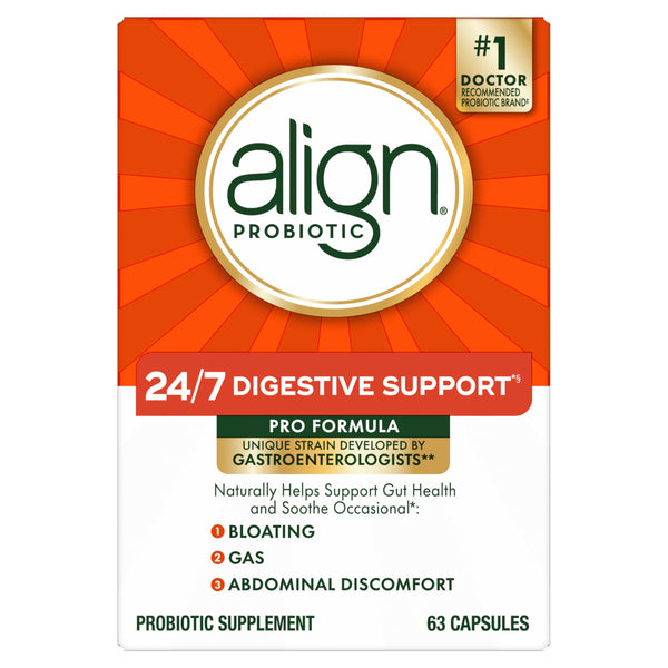 Align Probiotic, Pro Formula, Probiotics for Women and Men, Daily Probiotic Supplement, Helps Relieve Occasional Bloating & Gas*, #1 Doctor Recommended Brand‡, 63 Capsules (Packaging May Vary)
