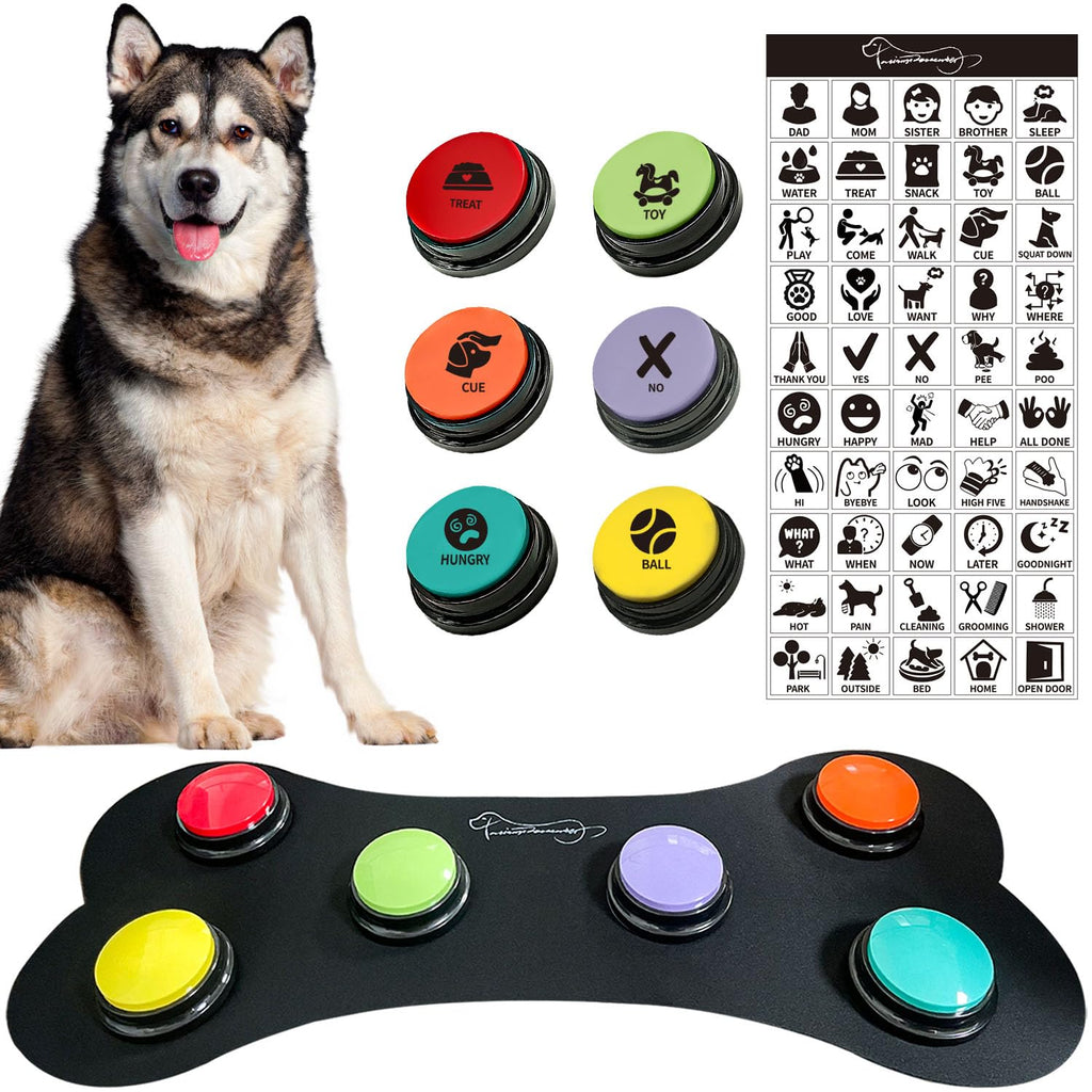 RIBOSY Dog Speech Training Buzzer Set, 6 Recordable Buttons with Non-Slip Rubber Mat and 50 Stickers - Record& Playback Your Own Voice to Train Your Dog Voice What They Need (Battery Included)