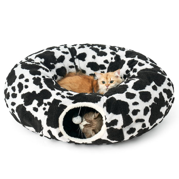 COZY KISS Cat Tunnel Bed for Indoor Cats, Foldable Cute Cat Donut Tunnel with Washable Cushion, Kitten Toys for Indoor Cats Puppy/Rabbit, Black&White