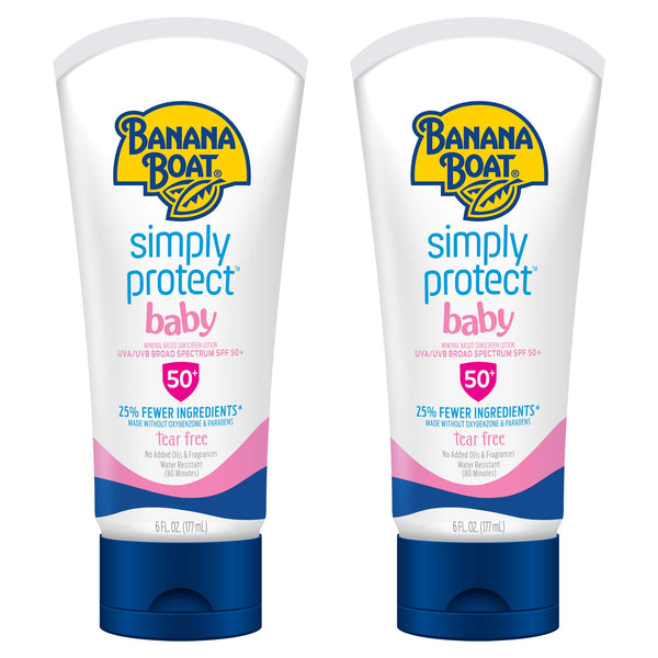 Banana Boat 100% Mineral Baby Sunscreen Lotion SPF 50 Twin Pack | SPF 50 Sunscreen for Babies, Baby Sunblock Lotion, Oxybenzone Free, 6oz each