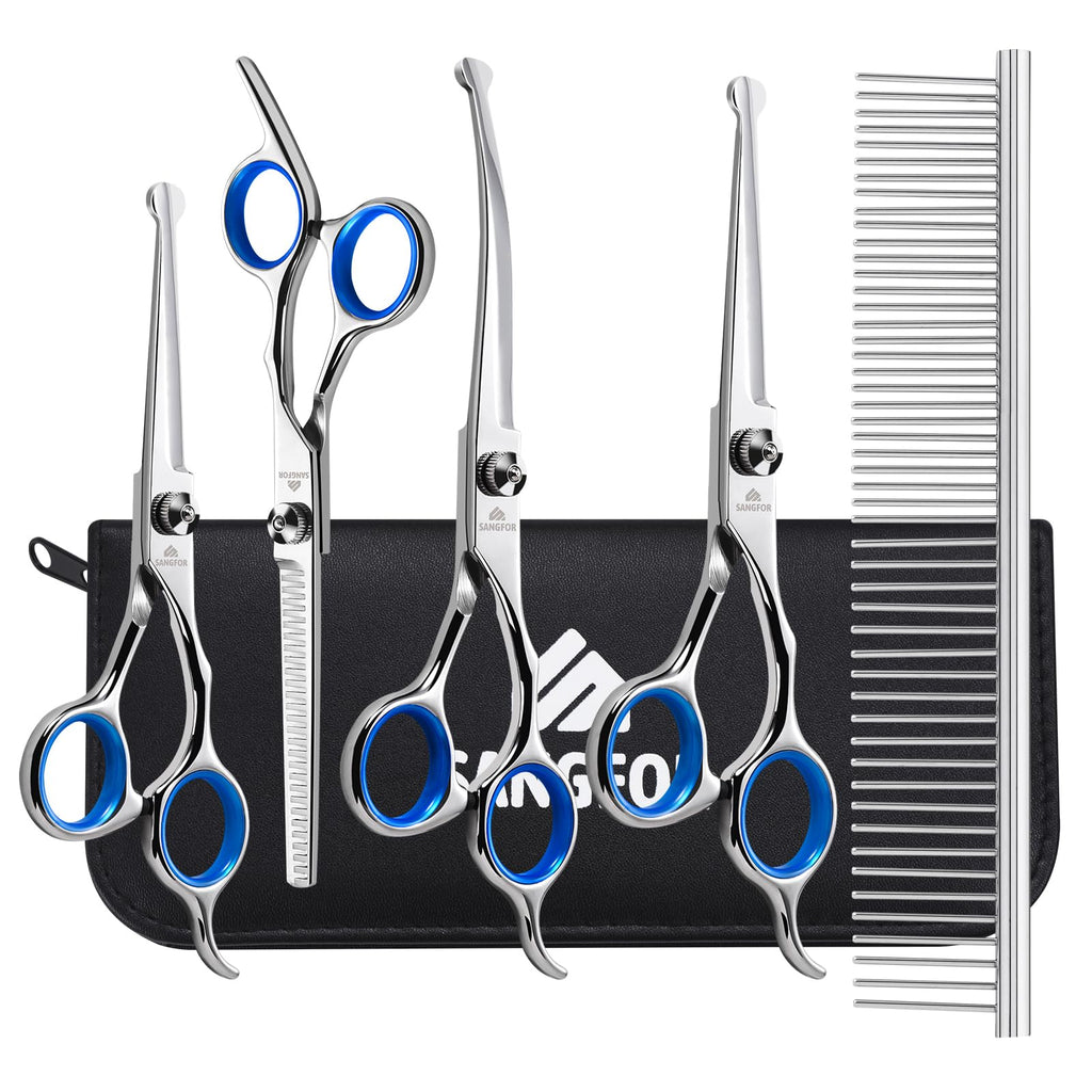 Dog Grooming Scissors, 6-in-1 Professional Dog Grooming Kit, 4CR Stainless Steel Dog Scissors for Grooming, Heavy Duty Grooming Scissors with Safety Round Tips, Pet Grooming Kit for Dogs at Home