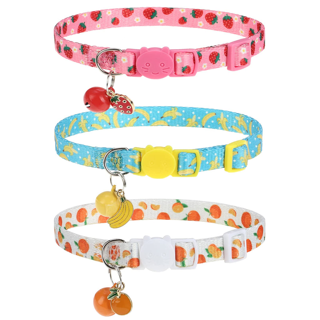 VKPETFR Breakaway Cat Collars with Bell & Cute Pendants, 3 Pack Safety Buckle Kitten Collars, Adjustable Pet Collar Ideal for Girl Boy Cats Puppy (Fruit Pattern)