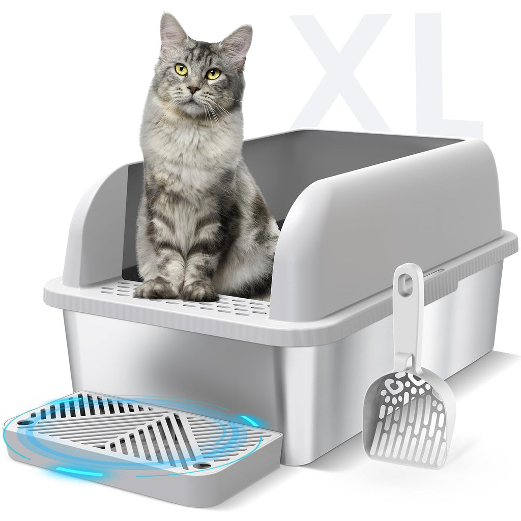 Suzzipaws Enclosed Stainless Steel Cat Litter Box with Lid Extra Large Litter Box for Big Cats XL Metal Litter Pan Tray with High Wall Sides Enclosure, Non-Sticky, Anti-Leakage, Easy Cleaning