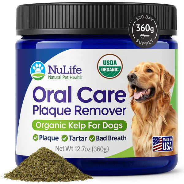 NuLife Natural Pet Health Dog Teeth Cleaning Powder, Dog Plaque and Tartar Remover, Bad Breath Treatment for Dogs with USDA Organic Sea Kelp Powder, Dog Dental Care Made Easy, for All Ages, 12 oz