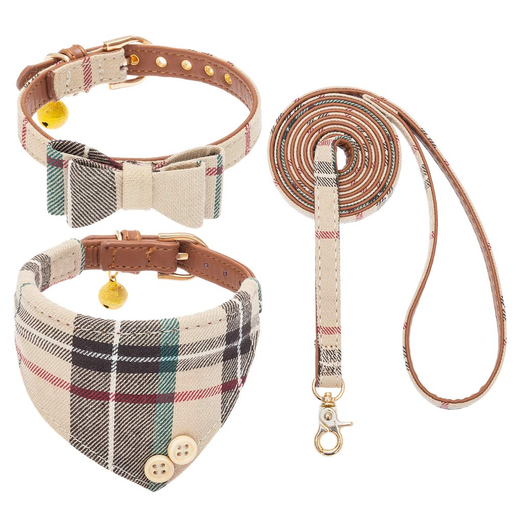 EXPAWLORER Dog Collar and Leash Set - Classic Plaid Puppy Bow Tie and Cat Bandana Collar with Bell, Pet Leash Tangle Free, Adjustable for Small Medium Large Pets, Holiday Ideal Gift