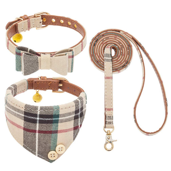 EXPAWLORER Dog Collar and Leash Set - Classic Plaid Puppy Bow Tie and Cat Bandana Collar with Bell, Pet Leash Tangle Free, Adjustable for Small Medium Large Pets, Holiday Ideal Gift
